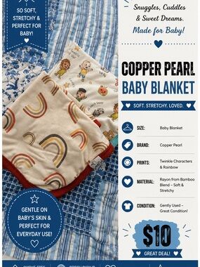 Copper Pearl Baby Blanket - Rainbow & Twinkle Characters - Cream/Blue